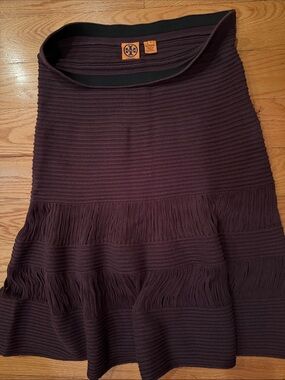 Tory Burch Plum Ribbed Fringe Skater Skirt